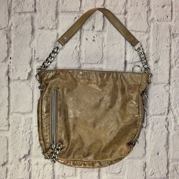 Michael Kors Designer Shoulder Bag Metallic Taupe Leather w/ Chain Accent - Picture 1 of 14